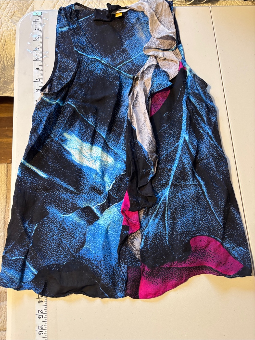 Anthro Silk Tank Size 4 Blue Pink Ruffle Abstract Artsy Summer Leifsdottir - Picture 13 of 13